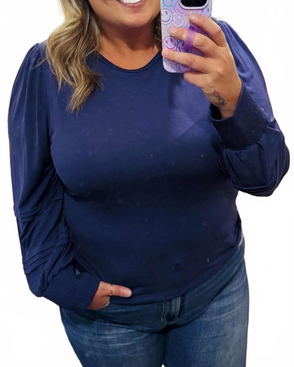 NEW ANOTHER LOVE anika long sleeve pleated top in electric indigo